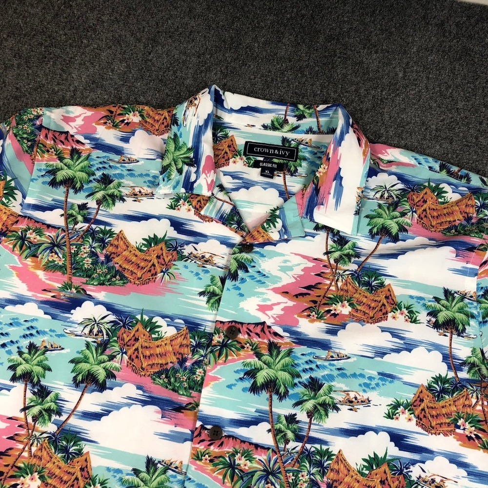 Crown & Ivy Mens XL Tropical‎ Island Palm Tree Camp Shirt Blue Pink Classic Fit